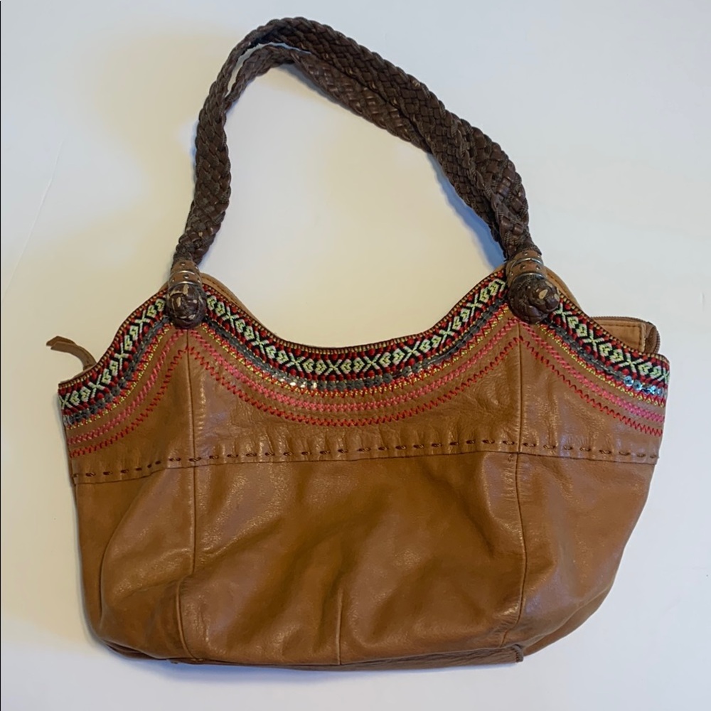the Sak Brown Leather Bag with Multicolor Stitching
